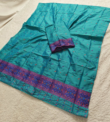 Skiran's Color Block Mekhela Chador Polyester Saree(Light Green)