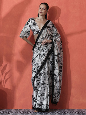 Sangria Printed Daily Wear Satin Saree(White)