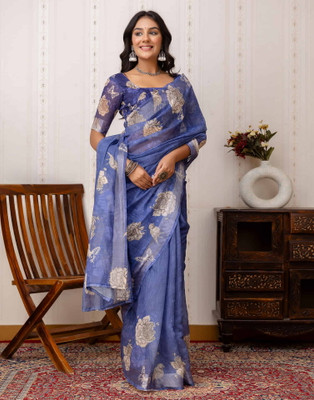KAKADIYA Printed Bollywood Cotton Silk, Linen Saree(Blue)