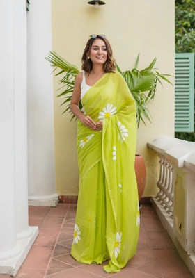 riyanshi fashion Floral Print Bollywood Cotton Linen Saree(Light Green)