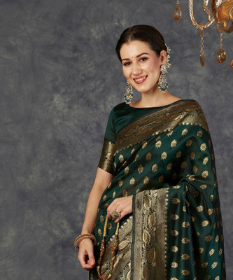 ETHNICHITZ Woven Kanjivaram Art Silk, Silk Blend Saree(Dark Green)