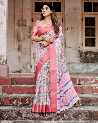 DHAYNAAND REEWA FASHION Floral Print Kanjivaram Tussar Silk Saree(Pink)