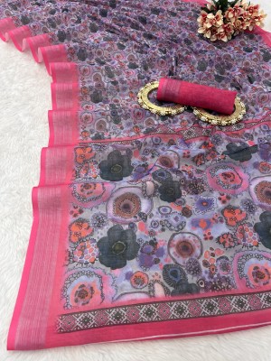 Pionex Woven, Printed, Digital Print, Floral Print, Geometric Print, Graphic Print Daily Wear Cotton Linen Saree(Pink)