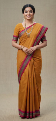 Thanyaa Solid/Plain, Woven Handloom Pure Cotton Saree(Mustard)