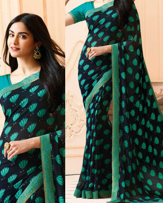 MEETVIN COUTURE Printed, Self Design, Digital Print, Embroidered, Floral Print, Solid/Plain Daily Wear Georgette, Chiffon Saree(Blue)