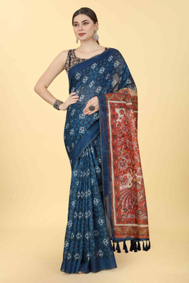 Divastri Printed Kalamkari Cotton Blend Saree(Blue)