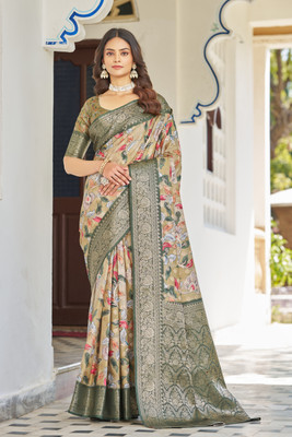 Dharmata Enterprise Digital Print Banarasi Crepe Saree(Light Green)