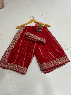 Sahaj Creation Solid/Plain Leheria Georgette Saree(Red)