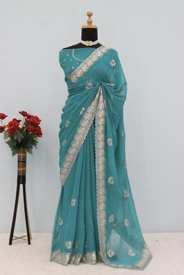 Dk Trendz Embroidered Bollywood Organza Saree(Light Blue)