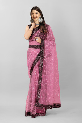 PRATHA FAB Embroidered Bollywood Net Saree(Pink)