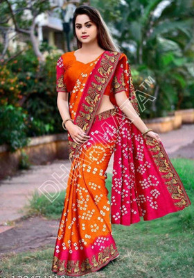 shreeji creation Printed Bandhani Art Silk Saree(Grey)