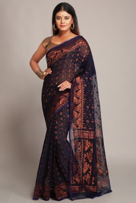 WoodenTant Woven Jamdani Cotton Silk Saree(Dark Blue)