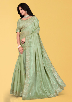 Mortile Designer Studio Embroidered Banarasi Georgette Saree(Green)