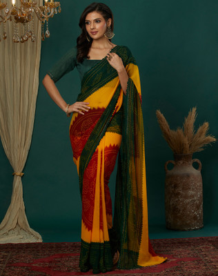Divastri Printed, Embellished Bandhani Chiffon, Georgette Saree(Red, Yellow, Green)