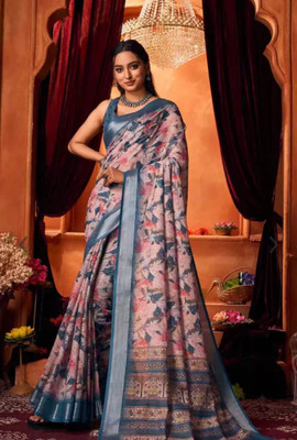Mervadiya Digital Print Bollywood Cotton Linen, Linen Saree(Multicolor)