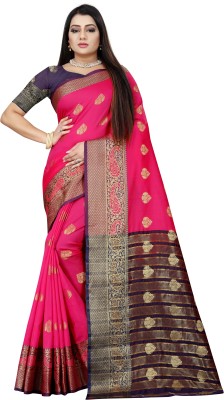 Indian Fashionista Woven Kanjivaram Silk Blend Saree(Purple, Pink)