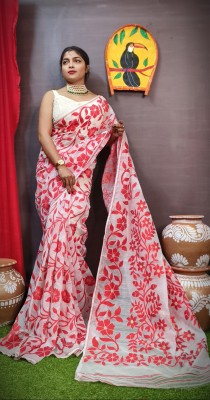 OWALID Self Design Jamdani Cotton Silk Saree(White, Red)