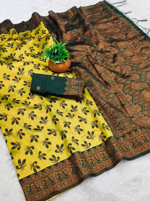 AVANTIKA FASHION Woven Kanjivaram Pure Silk, Art Silk Saree(Yellow, Green)