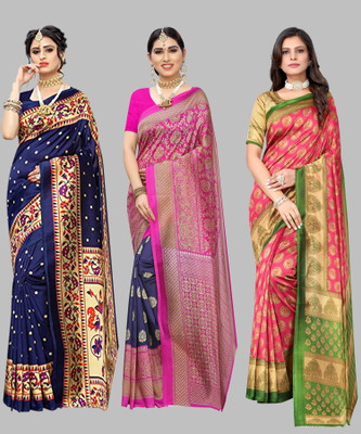 Nirvaan Printed Mysore Art Silk Saree(Pack of 3, Dark Blue)