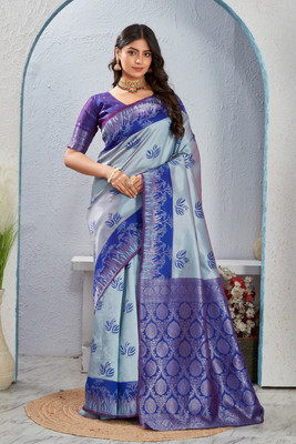 SATYAM WEAVES Woven Banarasi Jacquard Saree(Light Blue)