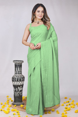 HfLifeStyle Self Design Pre Draped Saree Polyester Saree(Light Green)