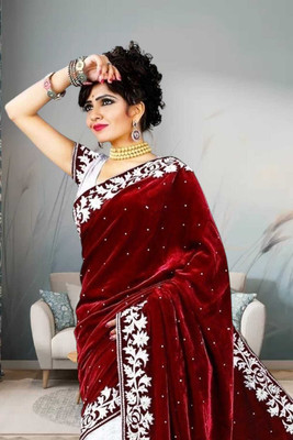 Freydis Self Design Banarasi Velvet Saree(Maroon)