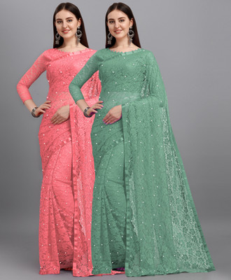 LOROFY Self Design Bollywood Net Saree(Pack of 2, Multicolor)