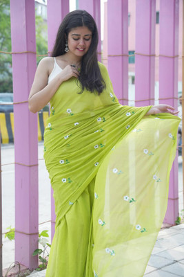 OSARIO Embroidered Handloom Pure Cotton Saree(Light Green)