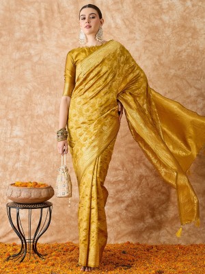 manvaa Embellished Bollywood Silk Blend Saree(Mustard)