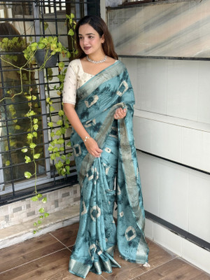 HouseOfCommon Tie-Dye, Printed Bandhani Viscose Rayon Saree(Blue)