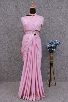 Pionex Solid/Plain, Embroidered Bollywood Chiffon, Silk Blend Saree(Pink)
