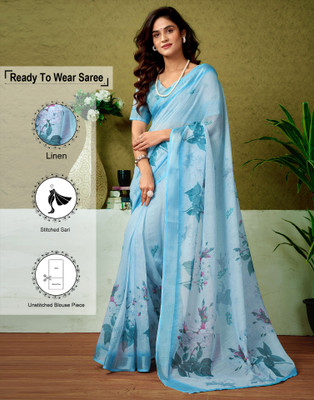 Samah Digital Print, Floral Print, Printed Bollywood Linen Saree(Blue)
