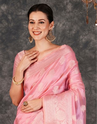 Satrani Woven, Embellished, Self Design Bollywood Silk Blend, Jacquard Saree(Pink, Gold)