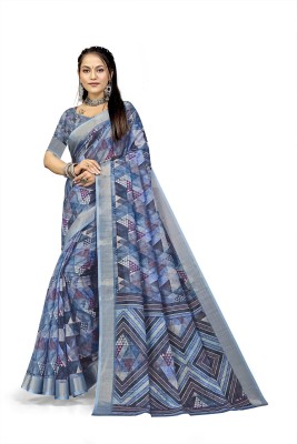 PARVOTSAV Geometric Print Daily Wear Linen Saree(Blue)