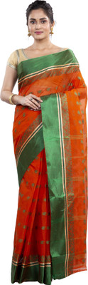 DipDiya Self Design Tant Pure Cotton Saree(Dark Green, Orange)