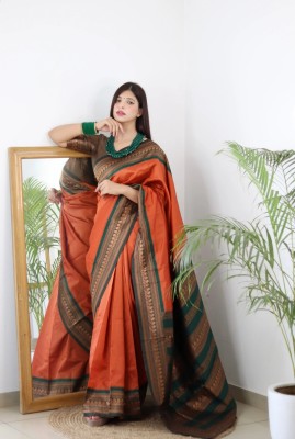 V V FASHION Woven Banarasi Cotton Silk Saree(Orange)