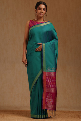 soch Solid/Plain Saree with Attached Blouse Silk Blend Saree(Green)