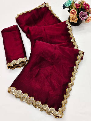 AMBUJAINTERNATIONAL Solid/Plain Bollywood Chiffon, Organza Saree(Maroon)