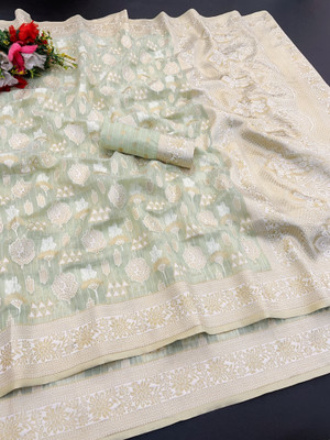 AAINA CREATION Printed Bollywood Tissue Saree(Light Green)