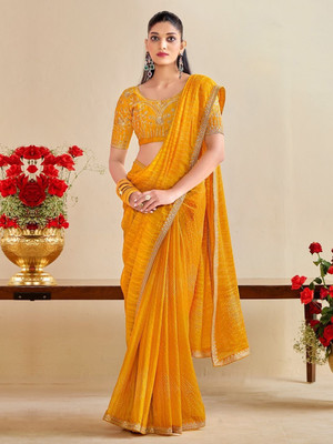 RAJESHWAR FASHION Printed Bandhani Silk Blend Saree(Mustard, Yellow)