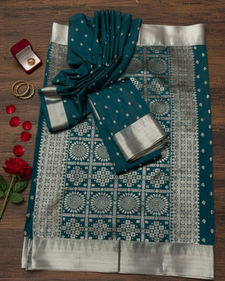 Arzoo kala textiles Woven, Self Design Banarasi Chanderi Saree(Pack of 2, Dark Green, Silver)