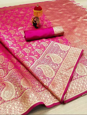 Amrut Collection Woven Banarasi Jacquard Saree(Pink, Gold)