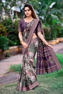 DHARMRAJ ENTERPRISE Digital Print Bollywood Cotton Linen Saree(Purple)