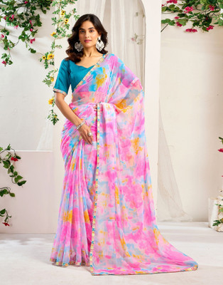 Samah Tie-Dye Daily Wear Georgette Saree(Pink, Multicolor)