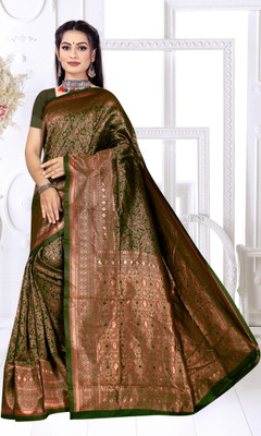 NENCY FASHION Woven Banarasi Silk Blend Saree(Dark Green)