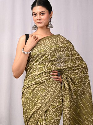 Taavi Blocked Printed Kota Doria Mulmul Saree(Green)