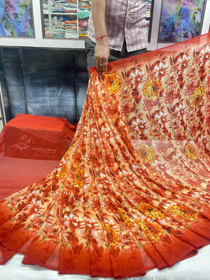 WILLMAKE Printed Bollywood Georgette Saree(Red)