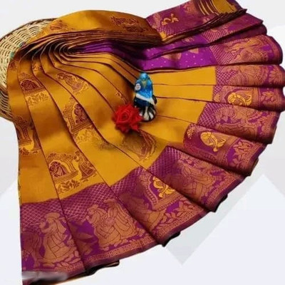 KanjiQueen Woven Kanjivaram Silk Blend, Pure Silk Saree(Gold, Magenta)