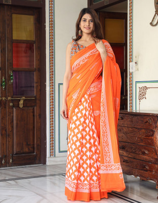 Elbwear Printed Ikkat Pure Cotton Saree(Orange)