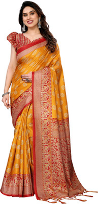 Priyashi Printed Mysore Art Silk Saree(Yellow, Red)